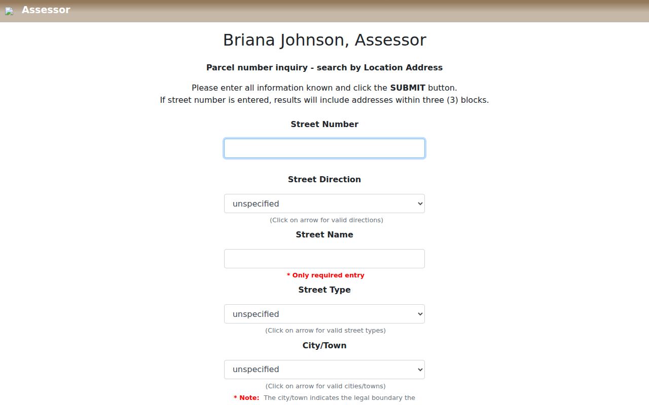 Winchester street directory Clark County Assessor address-search fields