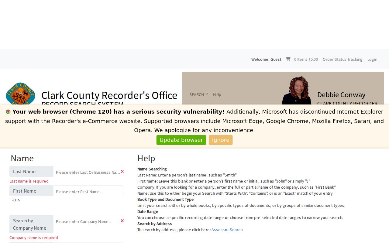 Winchester street directory Recorder grantor and grantee name-search fields